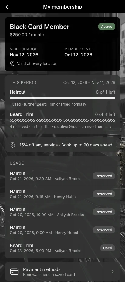 Scherm Mijn lidmaatschap in een gebrande barbershop-app